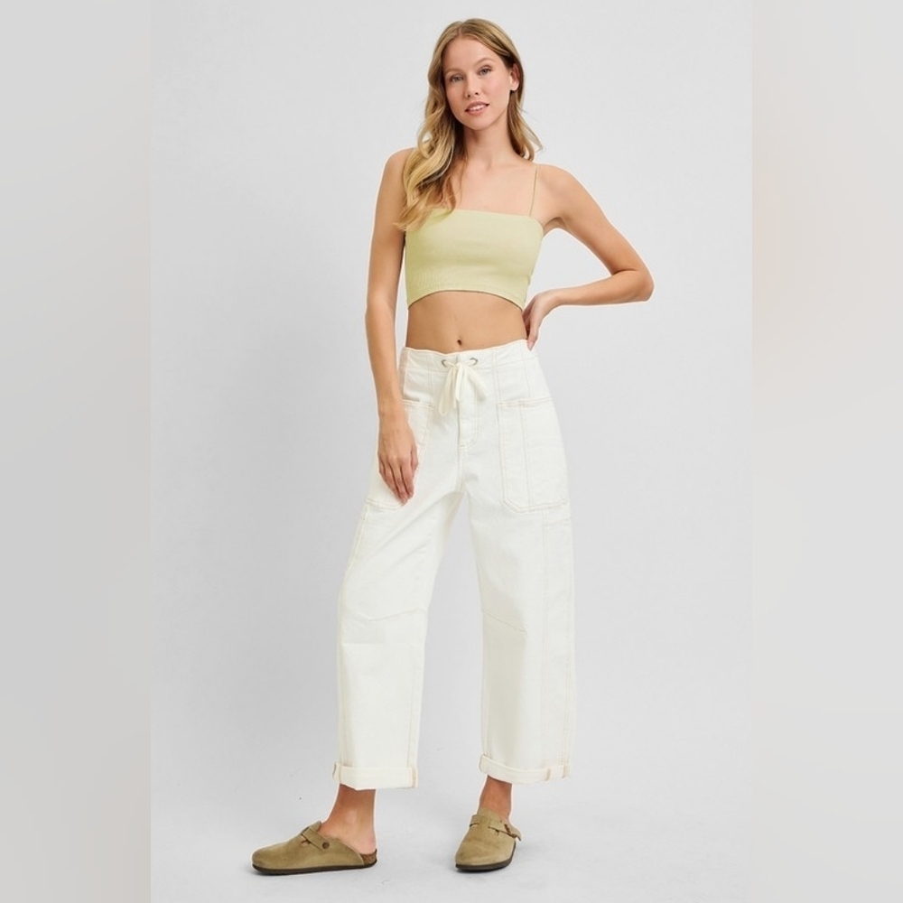 Risen HR Wide Barrel Jeans Cream Cuffed Ankle Cargo Patch Pocket Various NEW